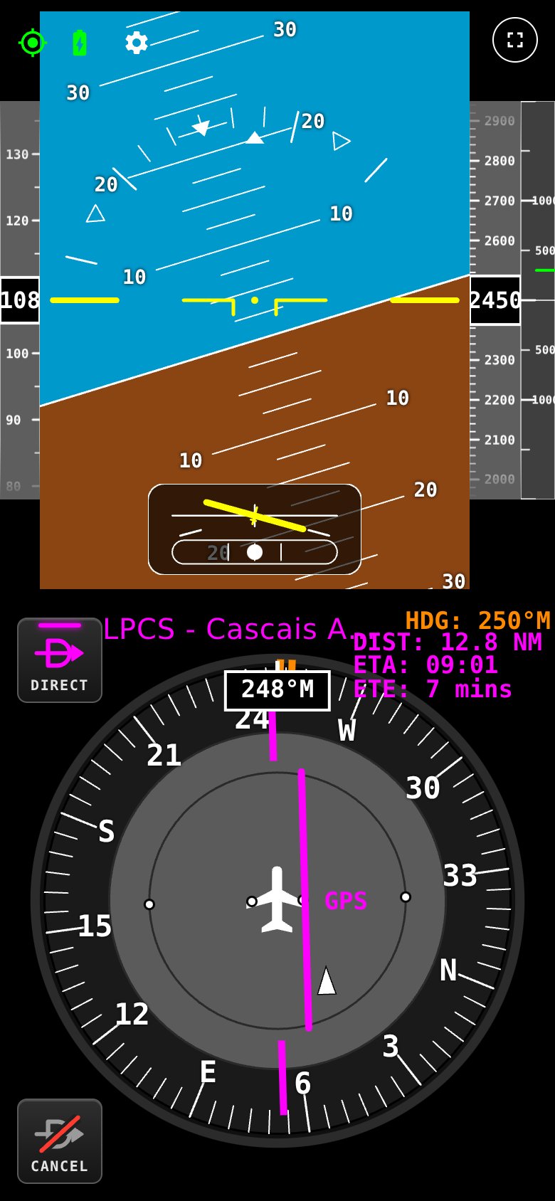 WingsLevel on a phone: attitude indicator in a right bank with the turn indicator at standard rate, speed and altitude tapes, and an HSI with a Direct-To course to Cascais airport