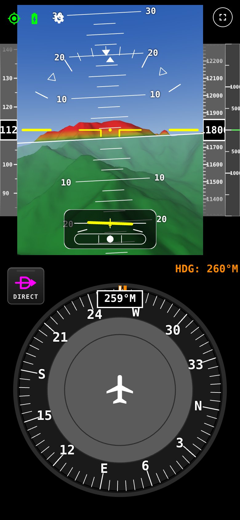 Synthetic vision near Monte Rosa at 11,800 ft: the massif ahead, higher than the aircraft, shown in yellow and red behind the attitude indicator